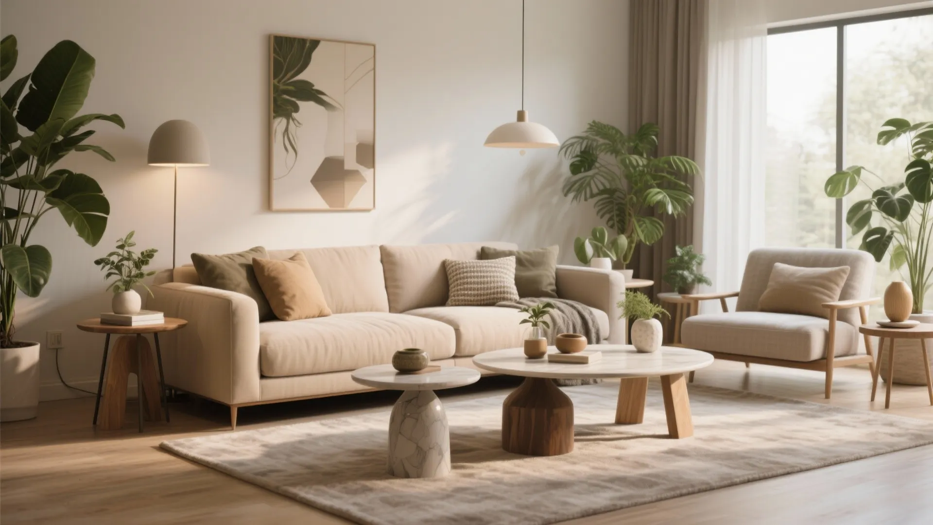 Modern living room with beige sofa, marble coffee tables, green plants, floor lamp, and armchair