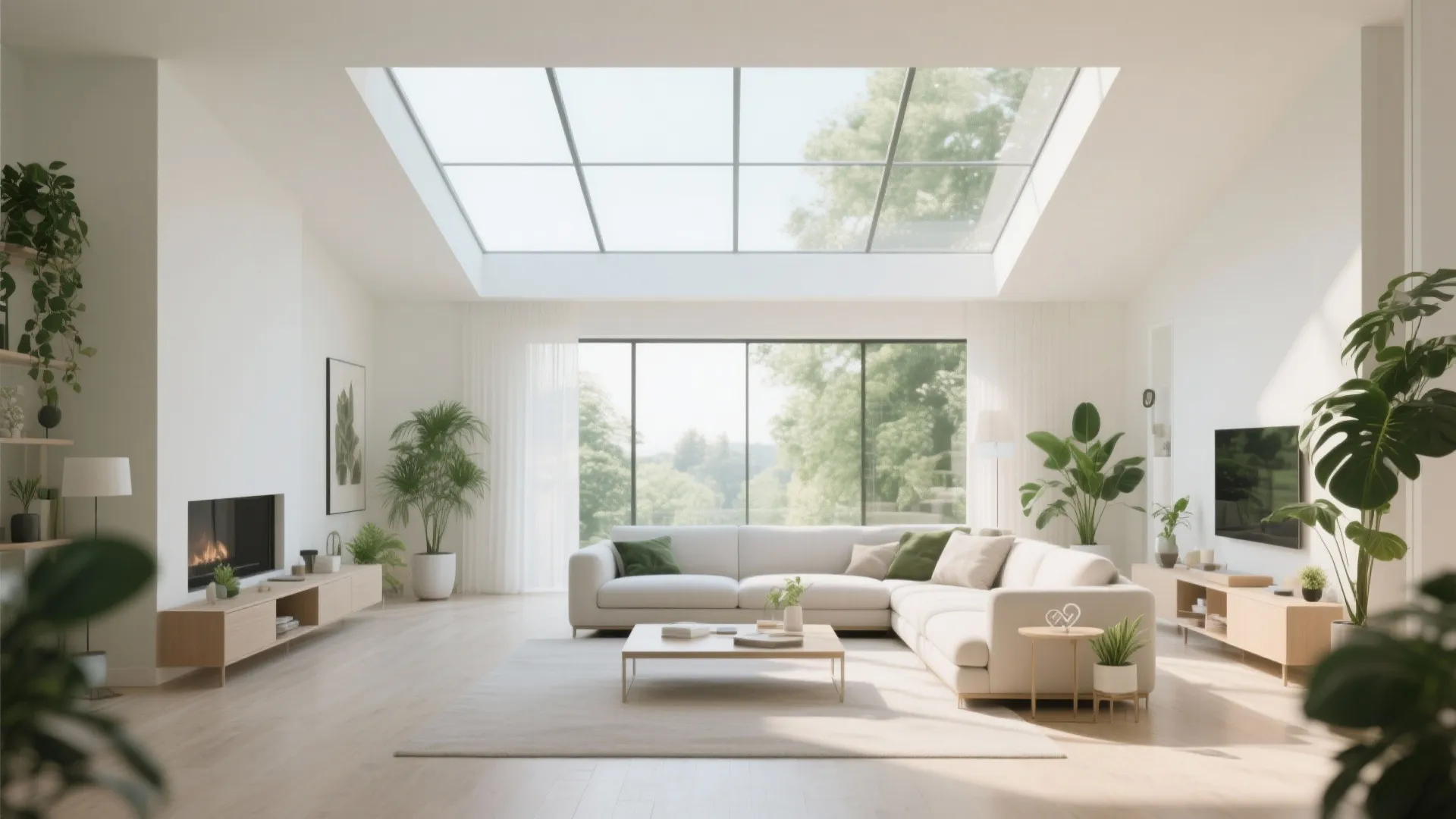 Bright modern living room with large skylight
