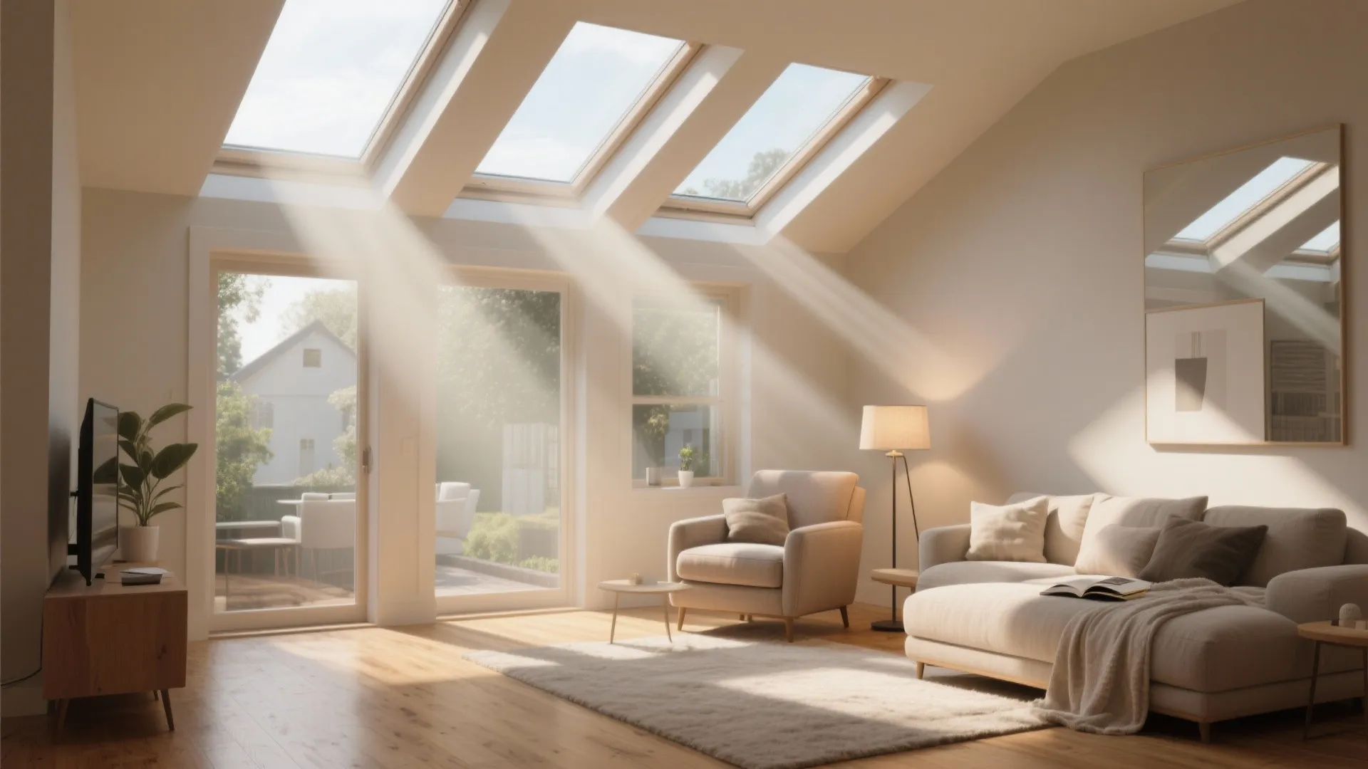 Bright living room with roof windows sun beams beige sofa wooden floor and floor lamp light