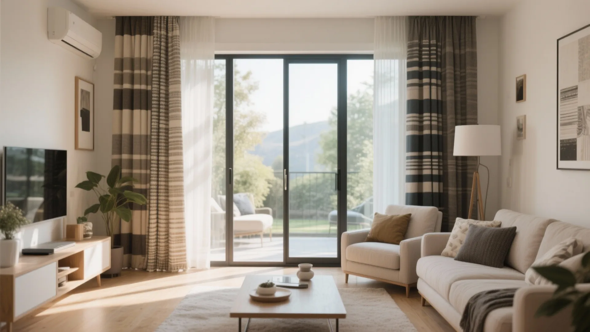 Cozy living room with striped curtains, white sofa, wooden coffee table, floor lamp, and balcony