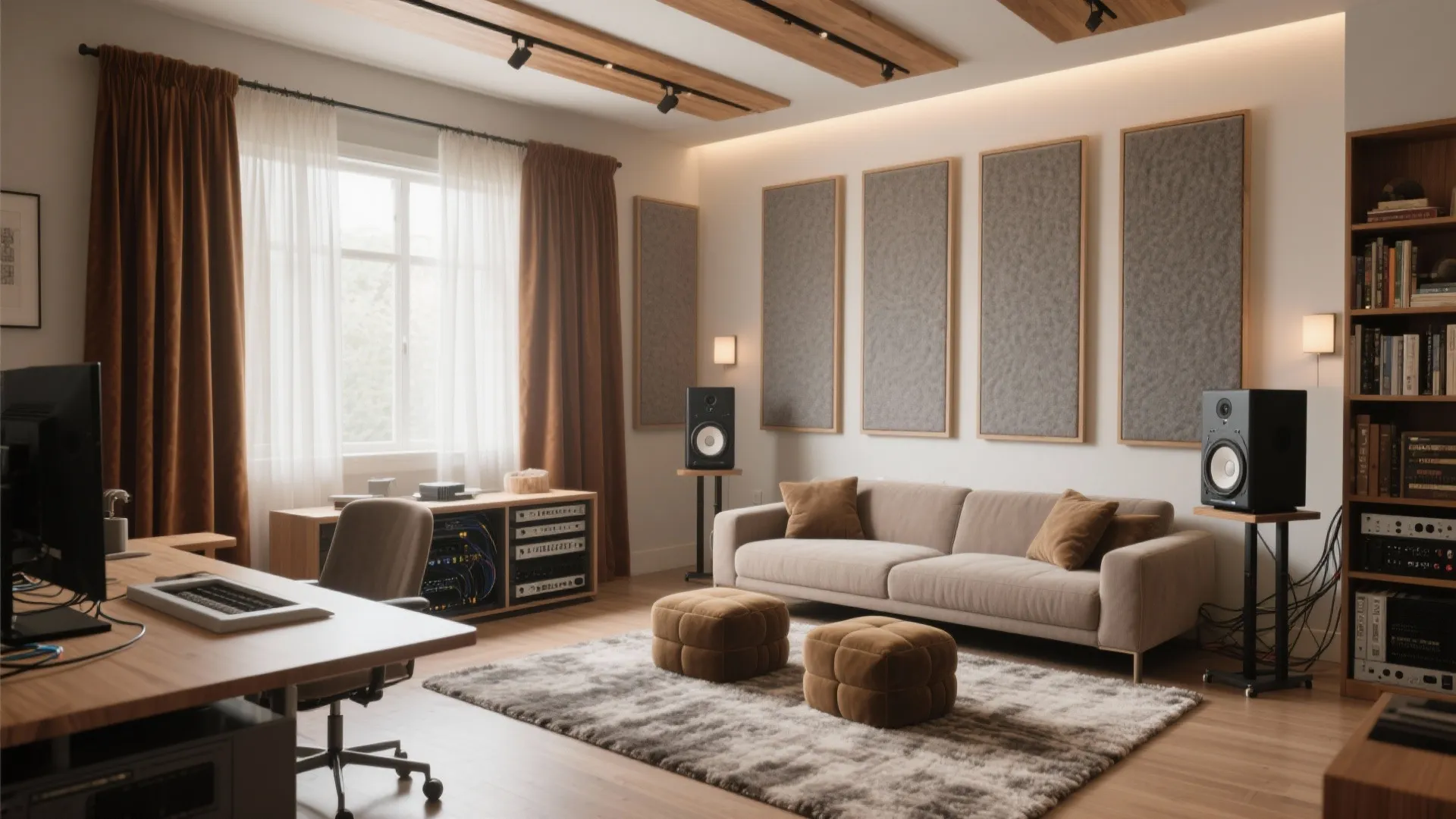 Modern home studio with beige sofa brown curtains wall panels ceiling lights and music speakers