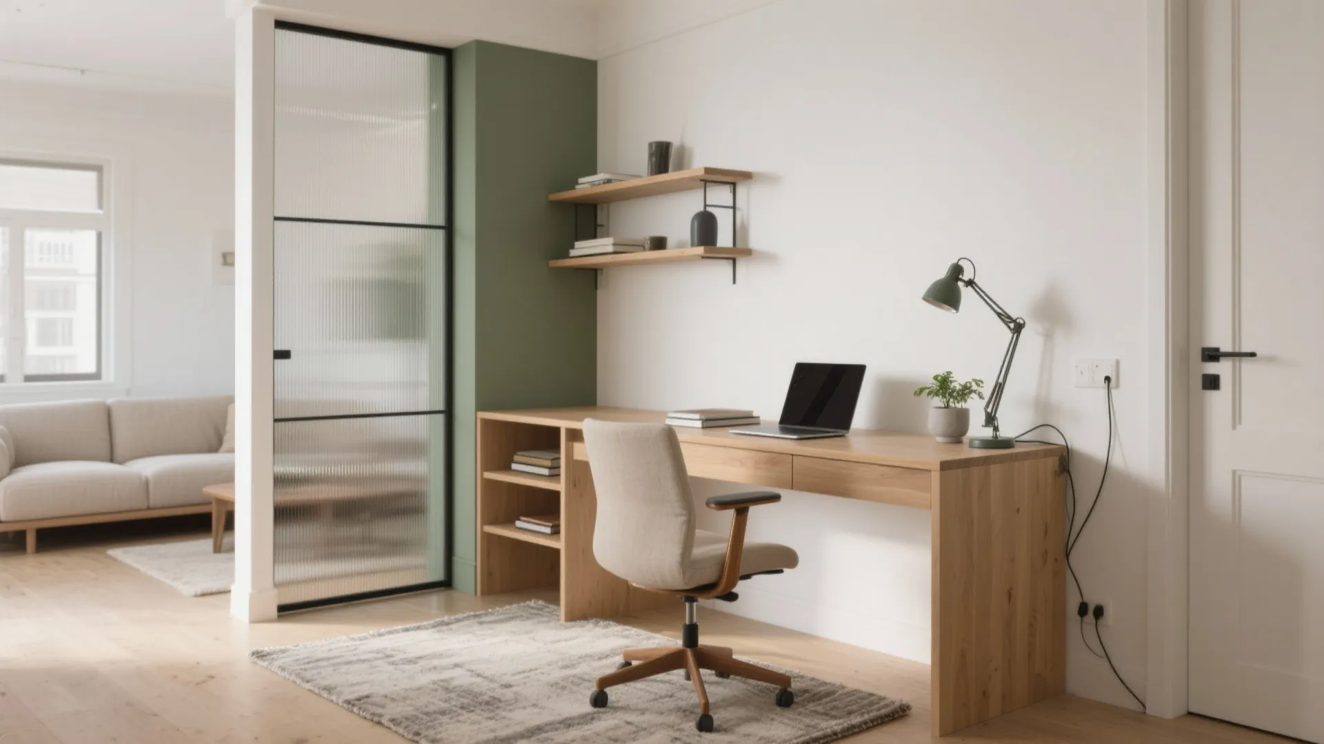 Bright study space with wooden desk swivel chair laptop green lamp and glass door room divider