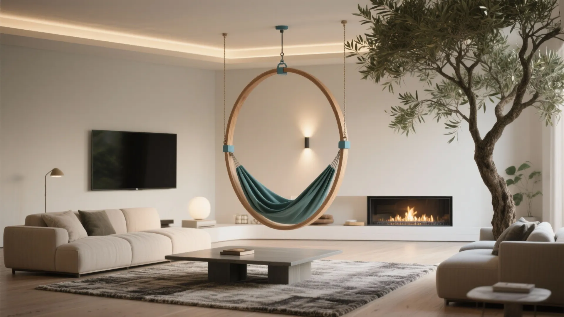 Modern living room featuring round wooden hanging chair grey rug sofa and indoor green tree