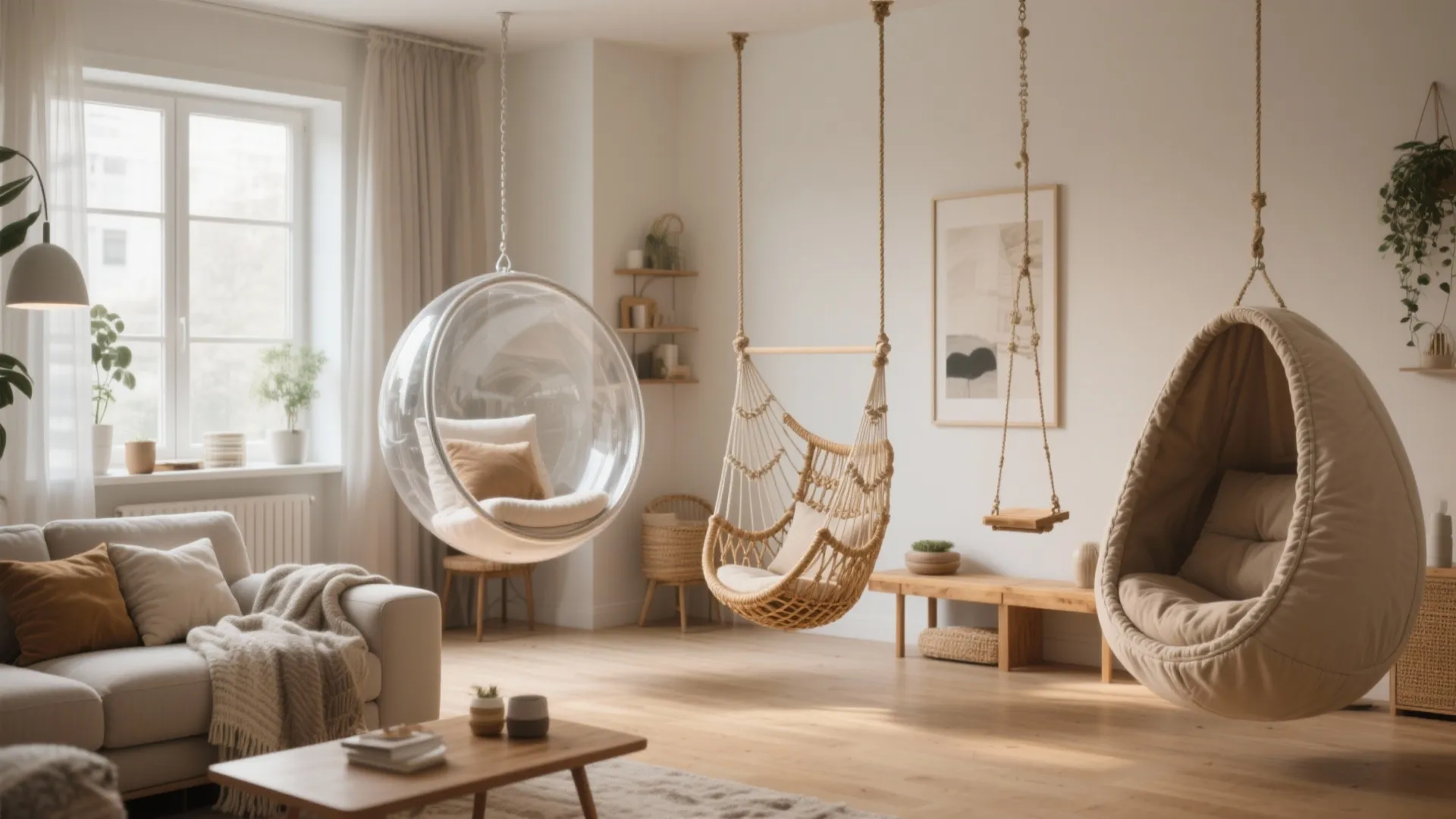 Bohemian living room featuring a bubble chair and woven swings with a comfortable white sofa