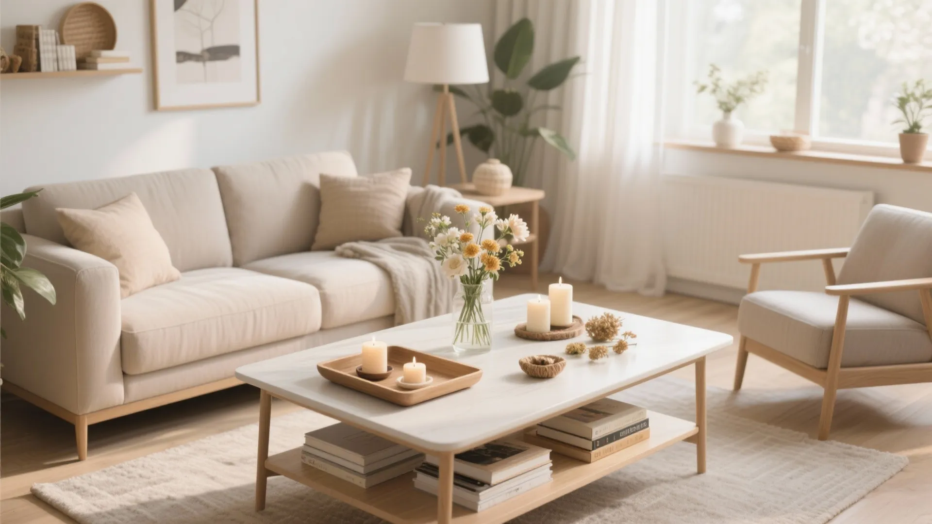 Bright living room with beige sofa wooden chair white table holding flowers and lit candles