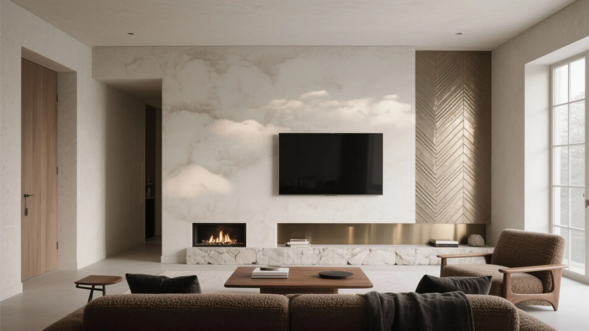 Modern living room with marble wall television fireplace wooden table brown chairs and large windows