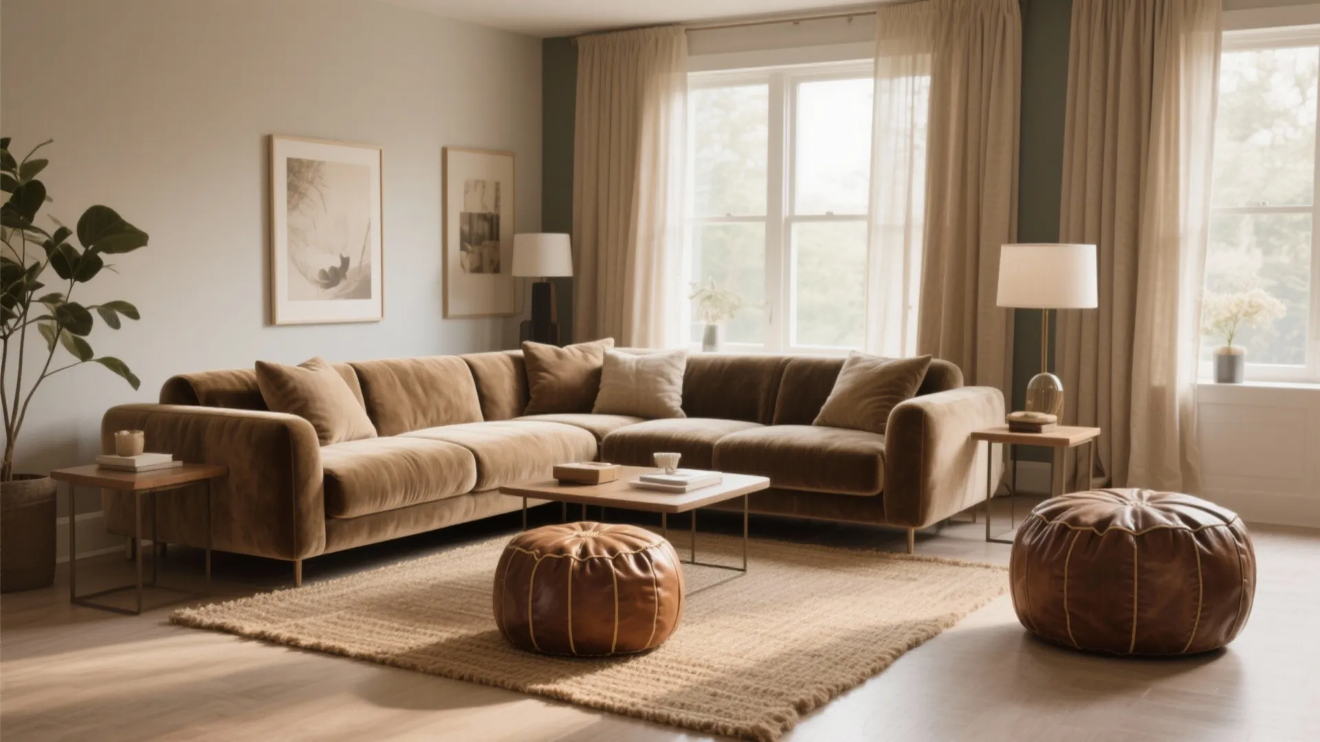 Cozy living room with brown velvet sofa leather footrest jute rug beige curtains and natural light