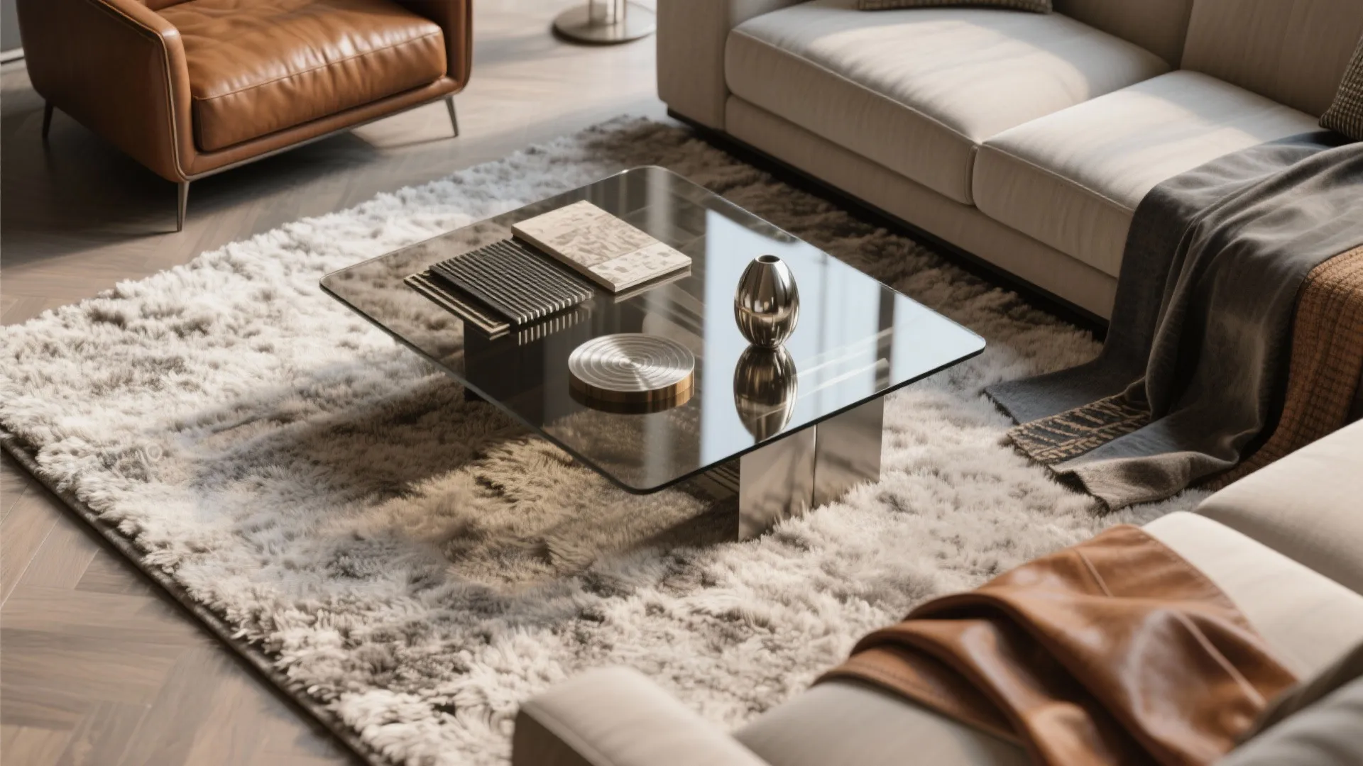Modern living room featuring a glass coffee table over a fluffy rug with beige sofa