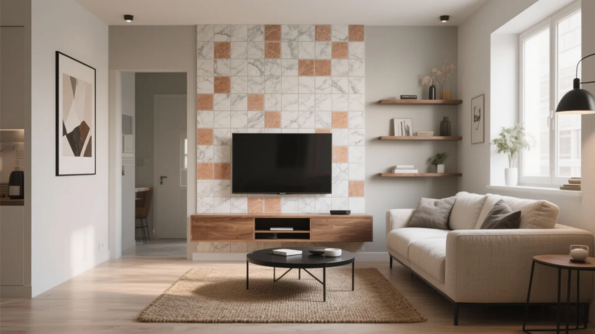 Bright living room with white sofa marble wall tiles wooden cabinet and a round table