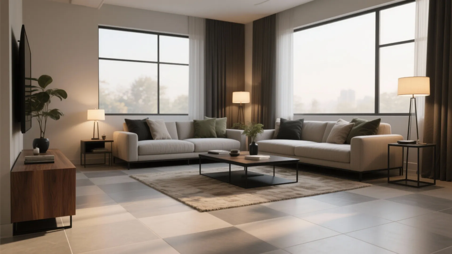 Modern living room featuring grey floor tiles, neutral sofas, black coffee table, and large windows