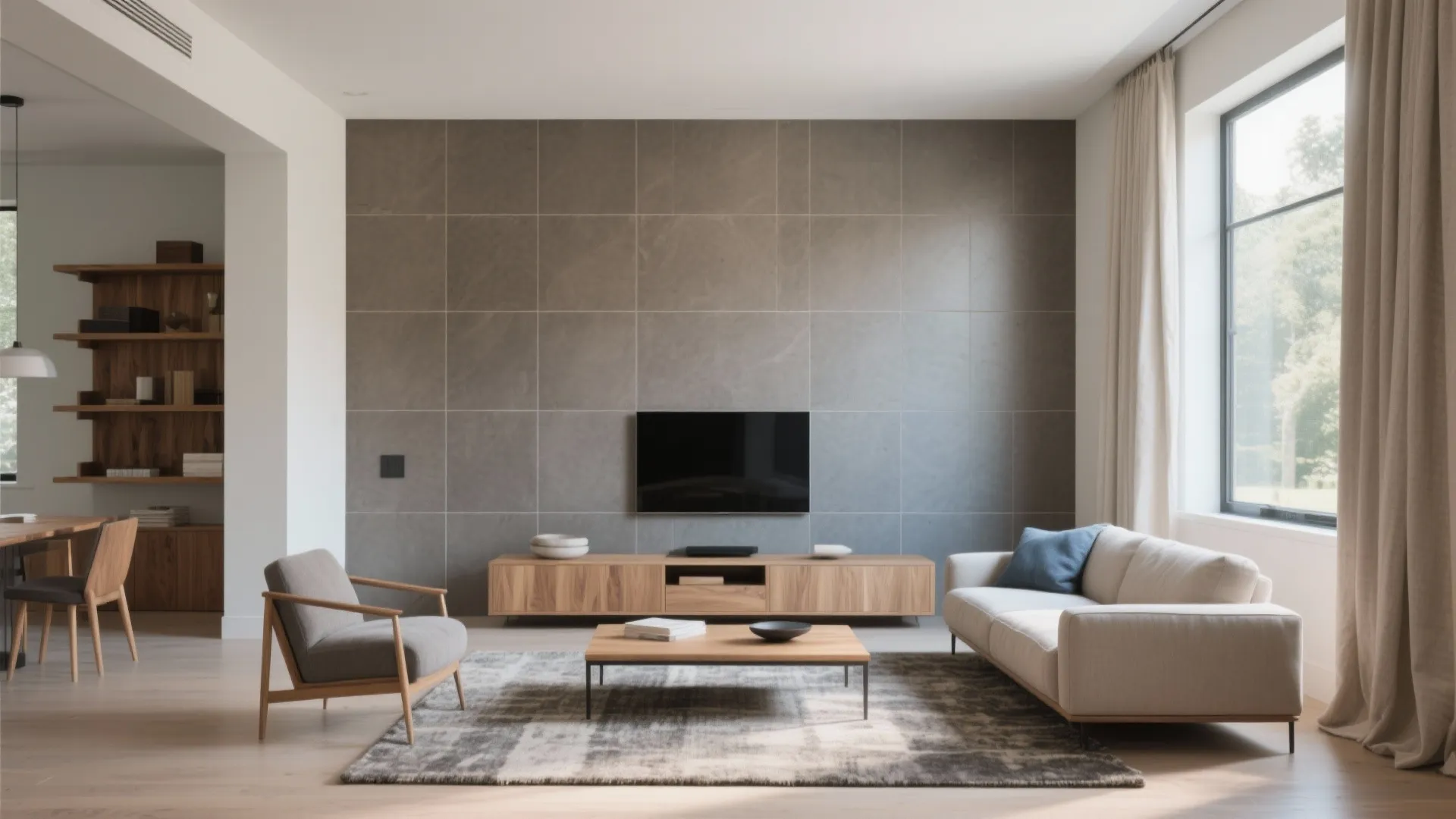 Modern living room with grey tile wall wooden cabinet white sofa rug armchair and window
