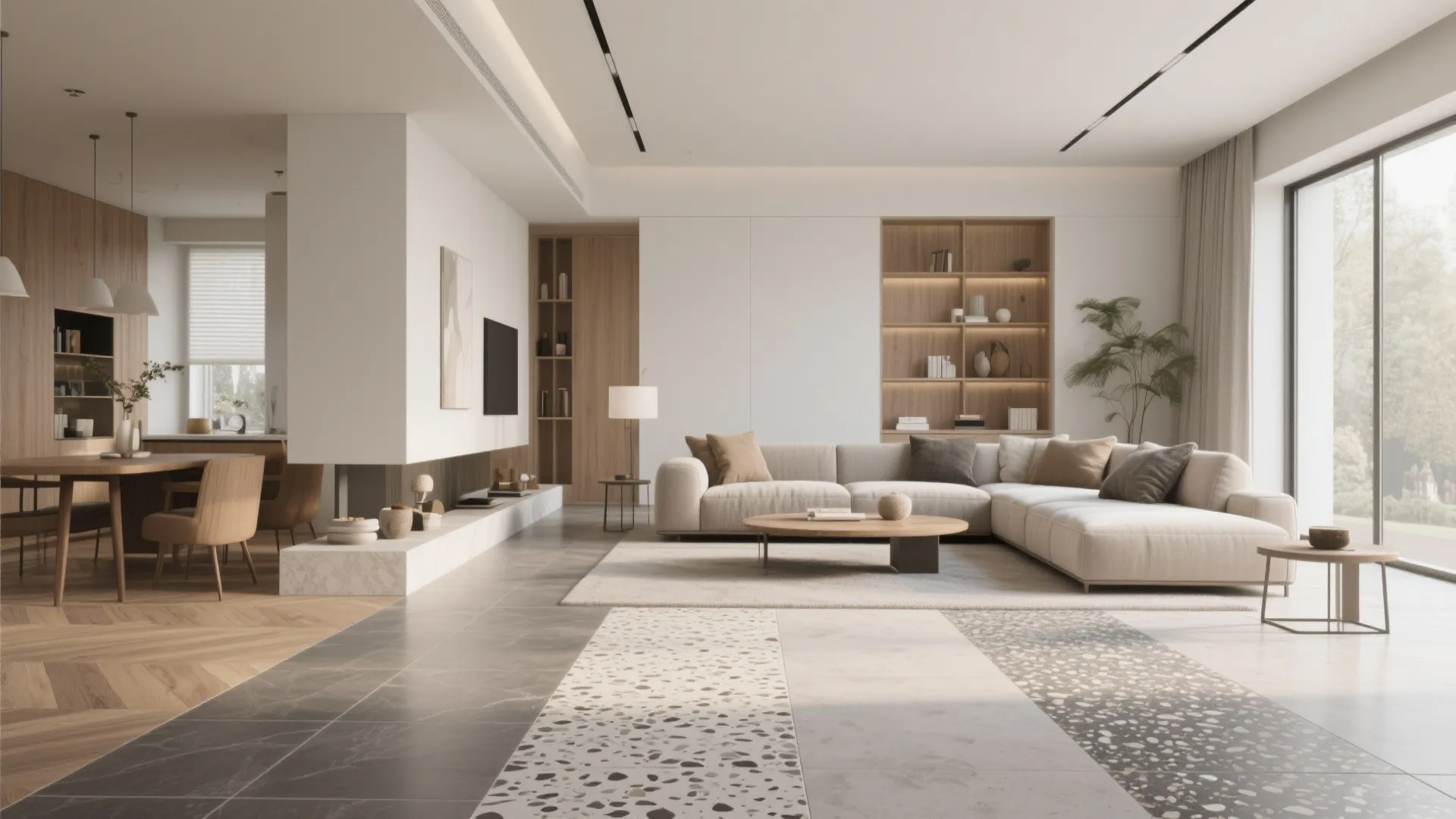 Modern open living room with cream sofa mixed floor tiles wooden dining table and wall cabinet