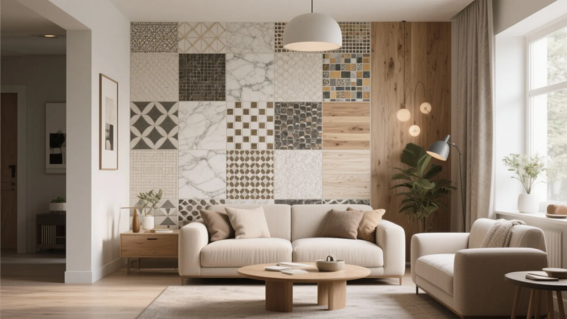 Modern living room with beige sofa wooden coffee table and wall covered in many square tiles