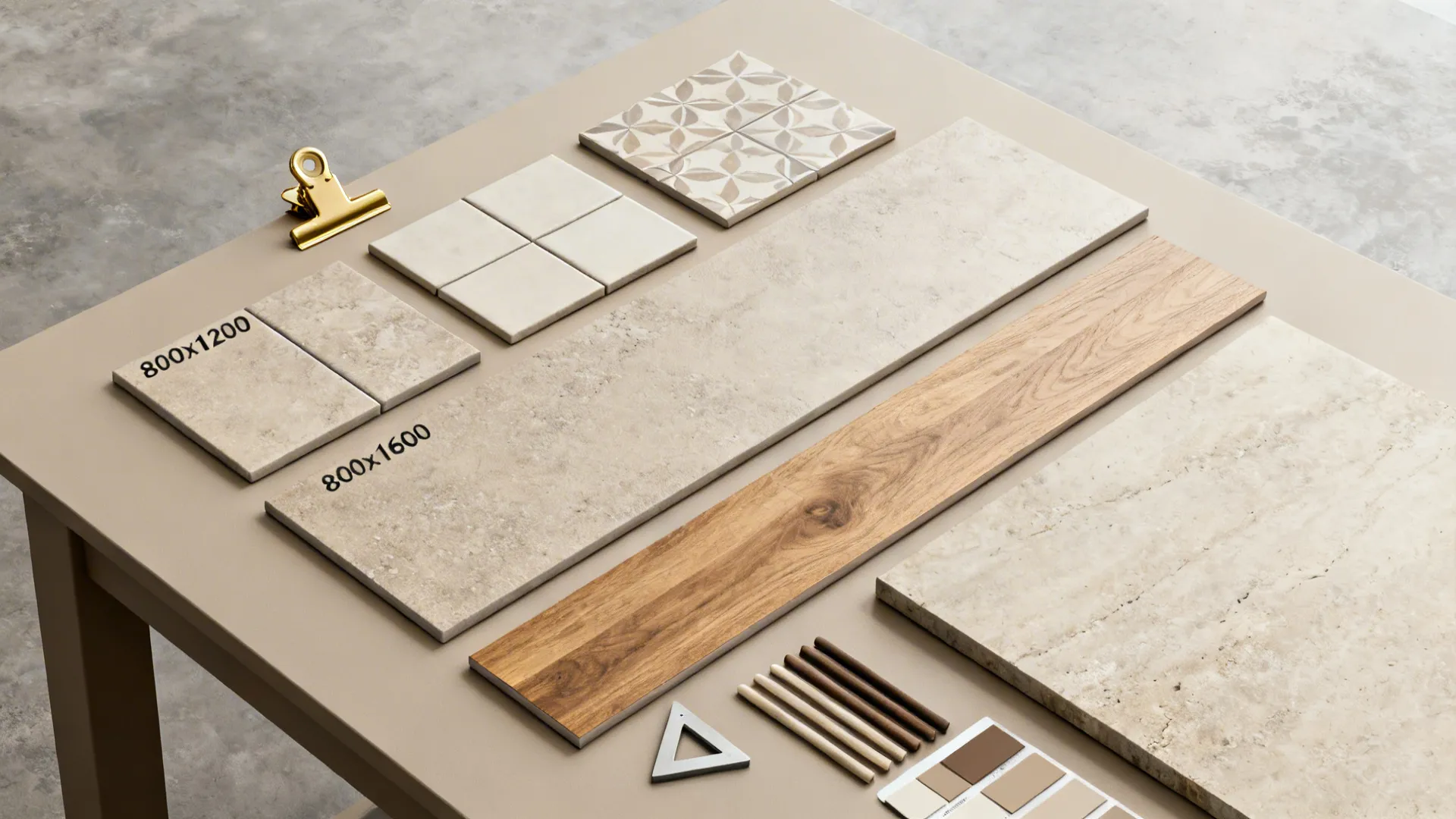 Top-down view of assorted tile samples, grout sticks, and tools for living room planning.