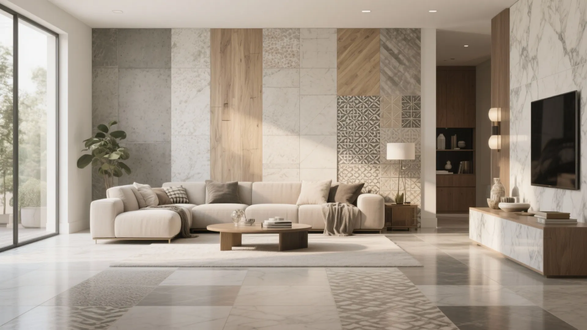 Spacious living room with white sofa marble wall panel patterned floor tiles and large glass windows