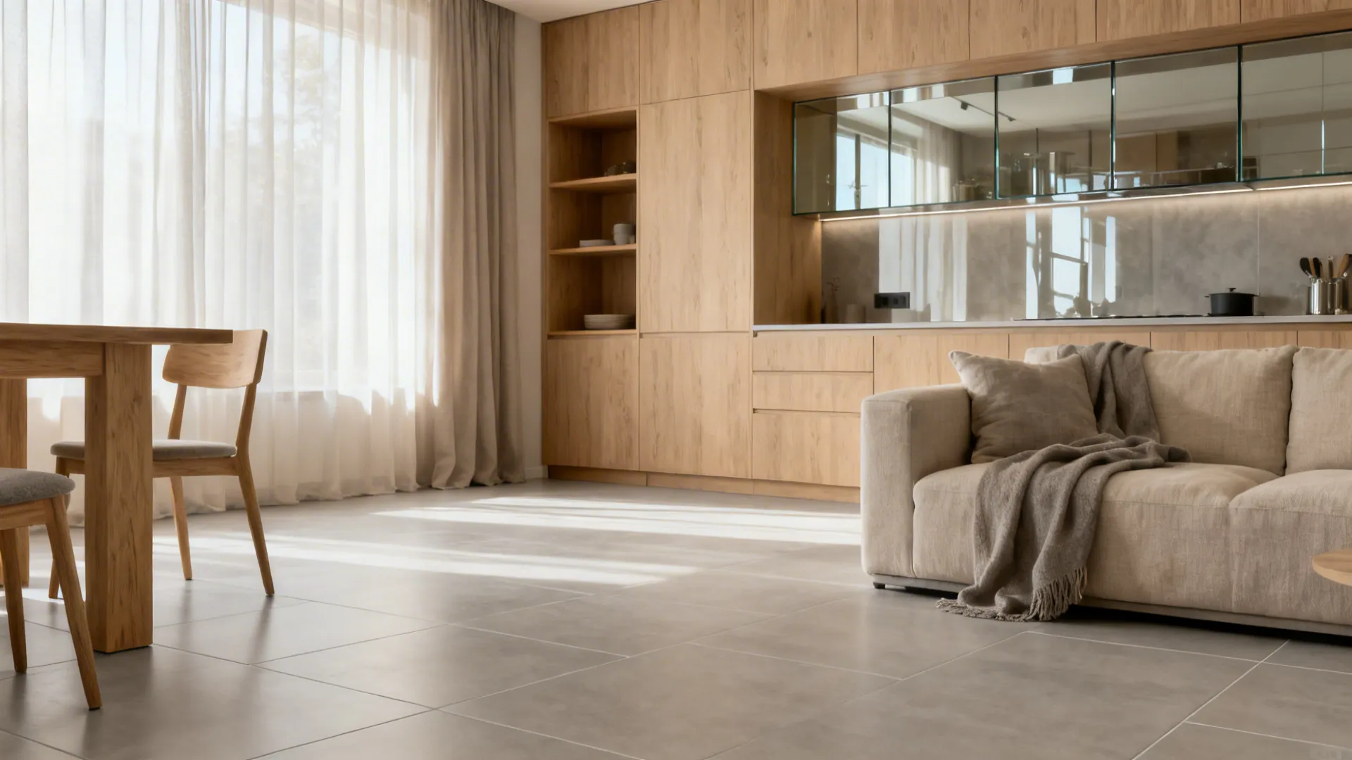 Modern open plan living room with large floor tiles wooden cabinets and soft beige sofa