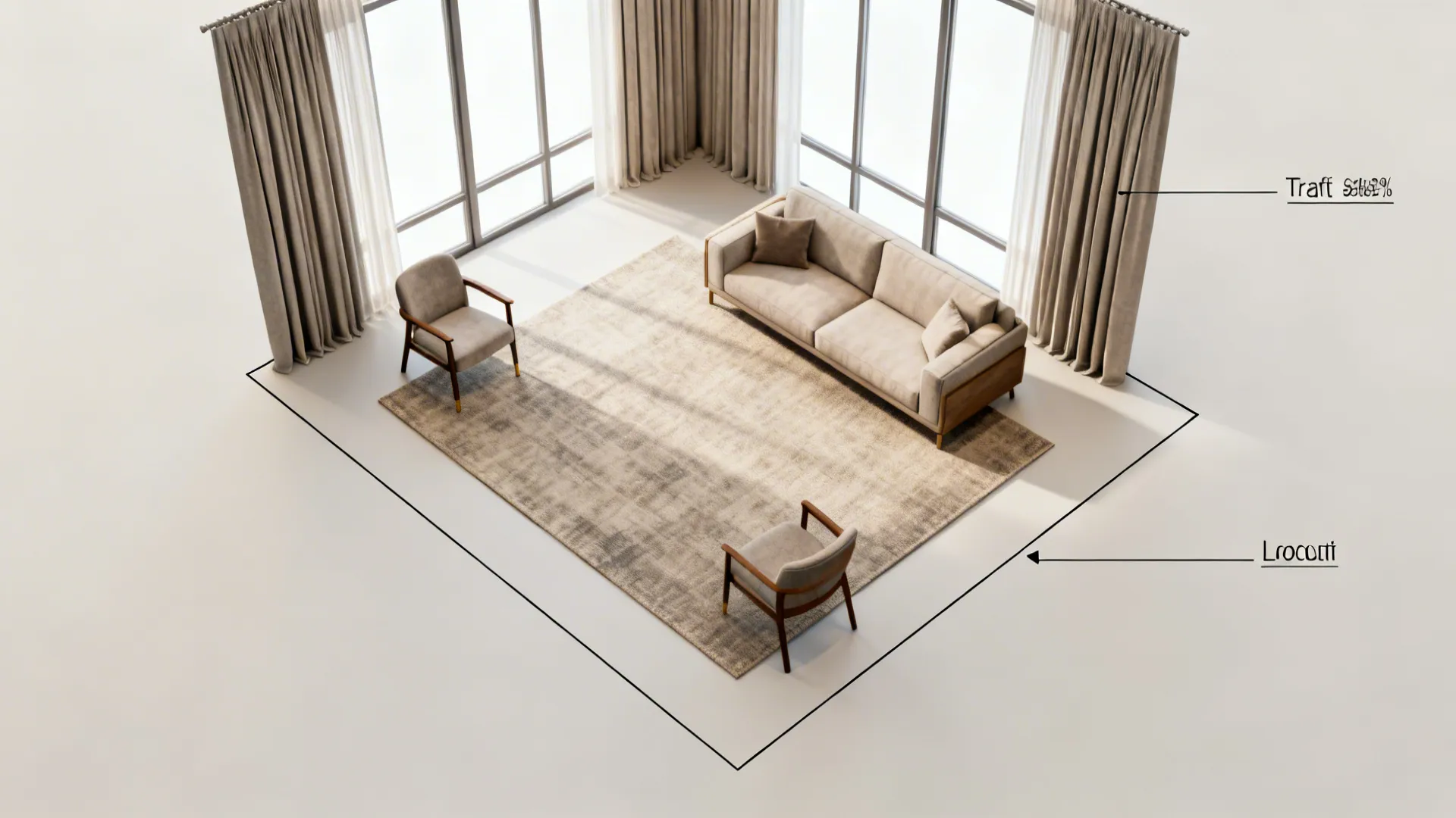 Interior design drawing of a room layout with one beige sofa two chairs rug and curtains