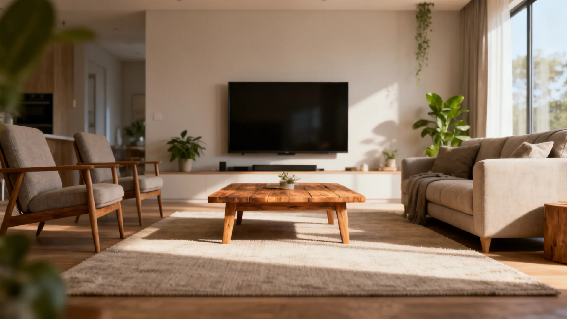 Modern living room featuring wooden coffee table, grey sofa, wall mounted television, rug, and plants