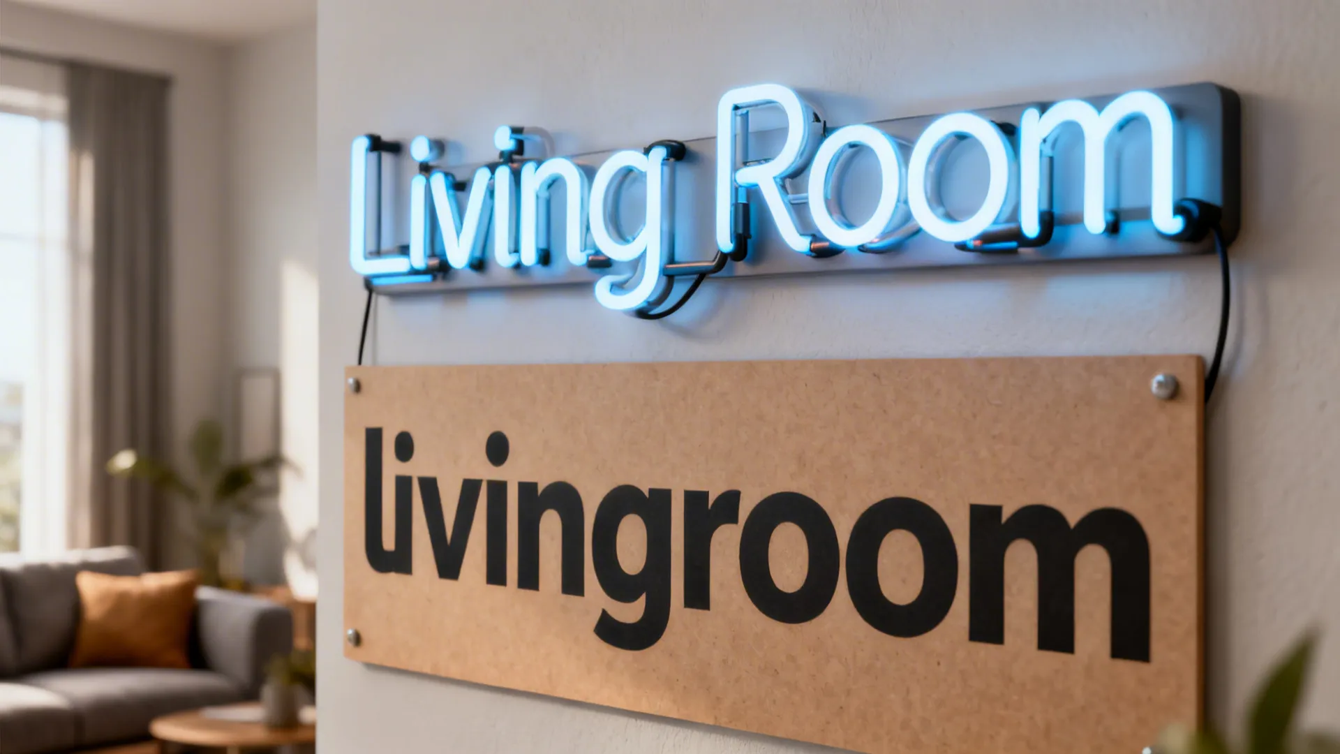 Close-up comparison of neon sign typography showing 'Living Room' versus 'livingroom' on a board