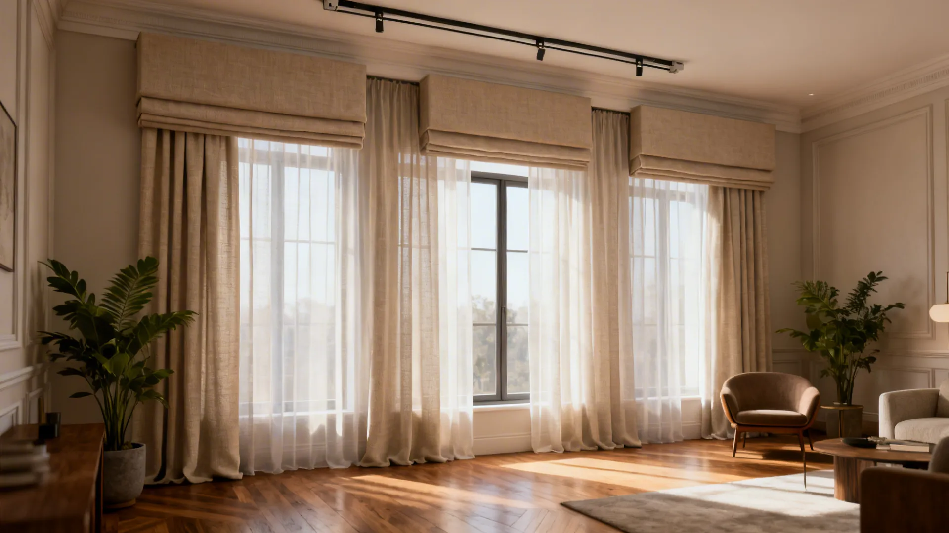 Sunny living room with three large windows covered by curtains beside green plants and chair