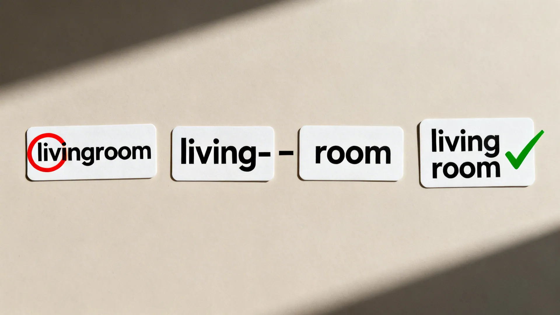 Flatlay of word cards showing correct and incorrect spellings of living room.
