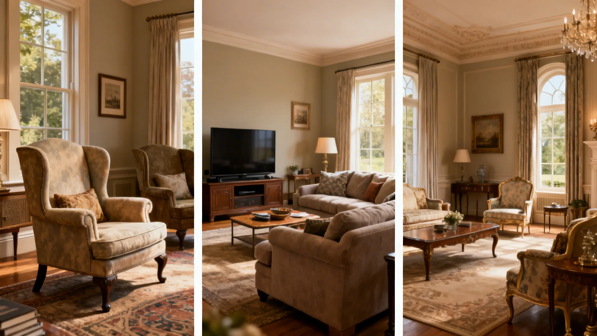 Three side-by-side interiors showing lounge, family room, and sitting room variations.