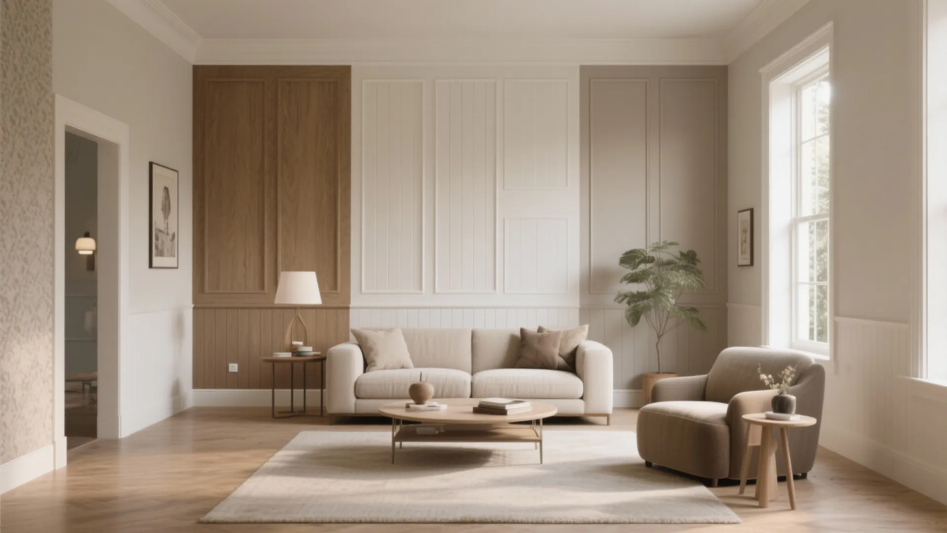 Modern living room with mixed wood and white wall panel styles and neutral color furniture set
