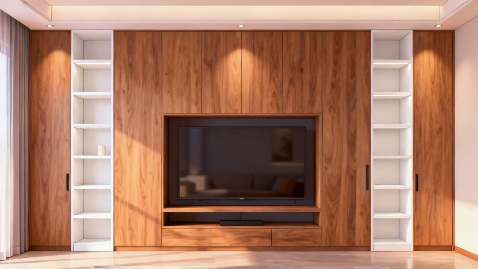 Living room wall cabinet layout with balanced shelving and cabinets