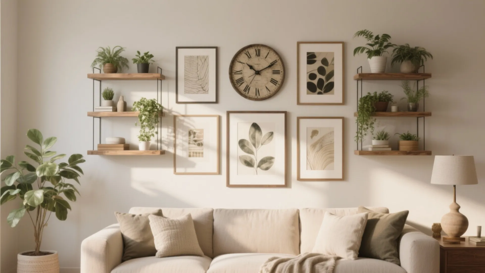 Cozy living room featuring wall shelves with plants large wall clock and botanical framed art