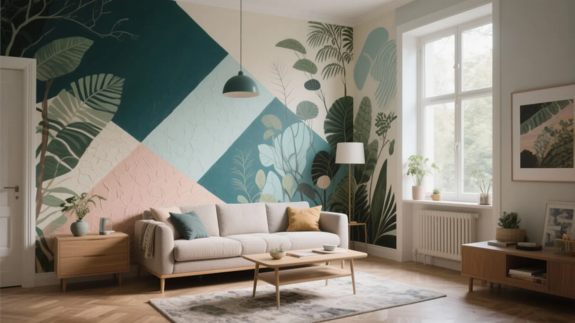 Living room with white sofa wooden coffee table and a colorful abstract plant pattern wall design