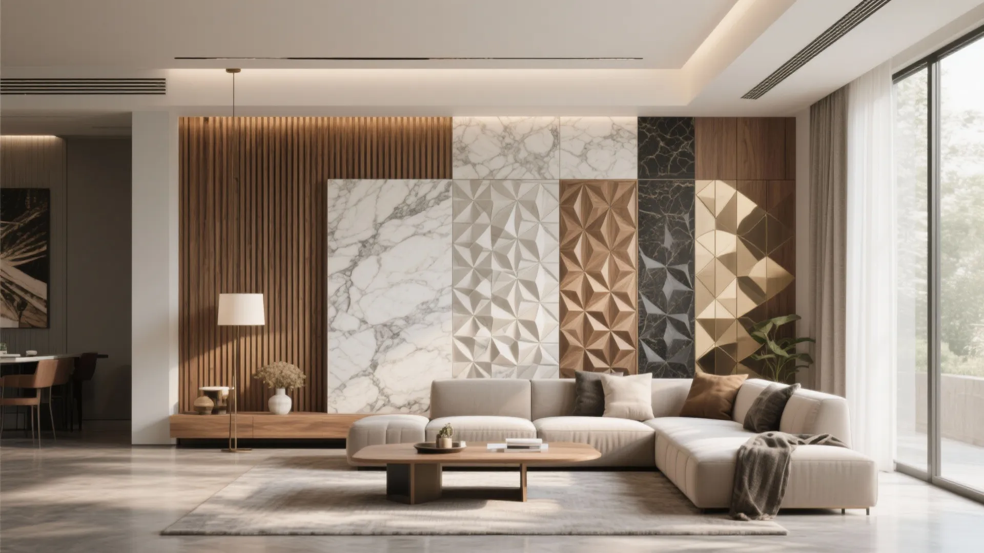 Modern living room featuring decorative wall panel designs with marble wood and geometric 3D textures