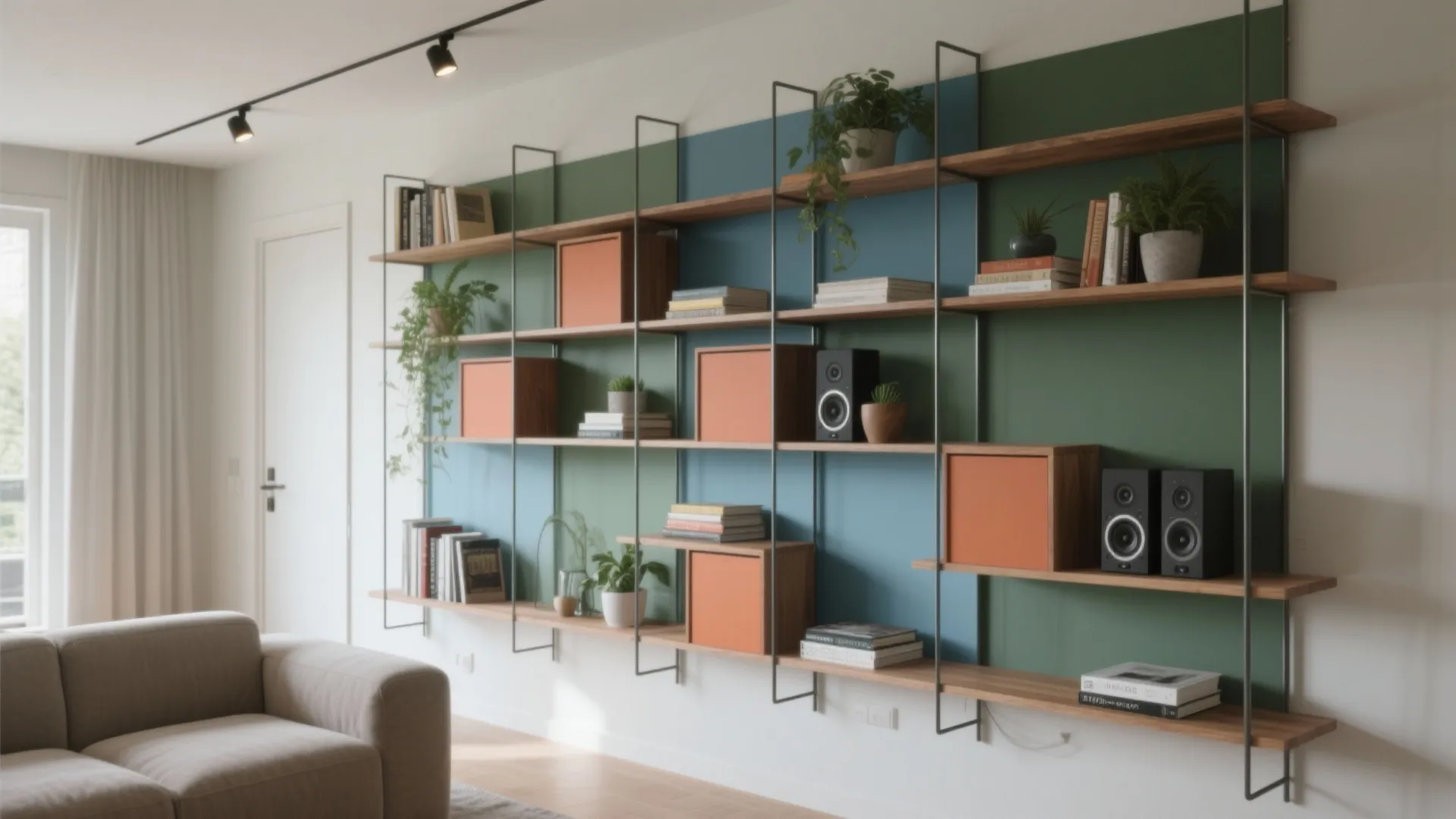 Large wall shelving unit with wooden boards on green blue wall showing books and plants