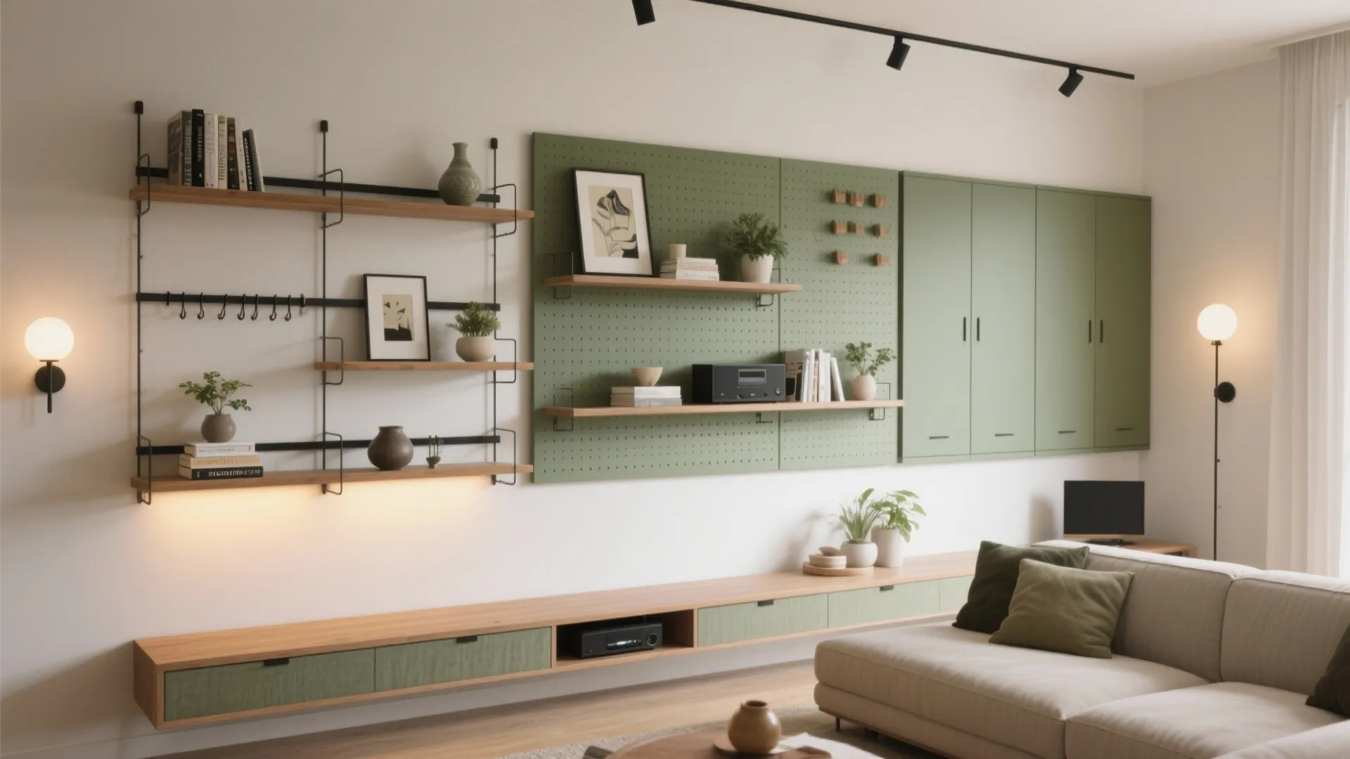 Modern living room featuring green wall cabinets wooden shelves sofa wall light and pegboard storage