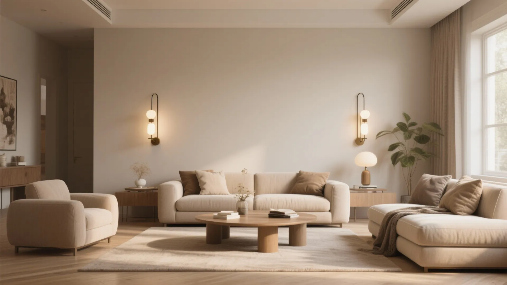 Minimalist living room with beige sofas wooden coffee table and two stylish vertical wall lights