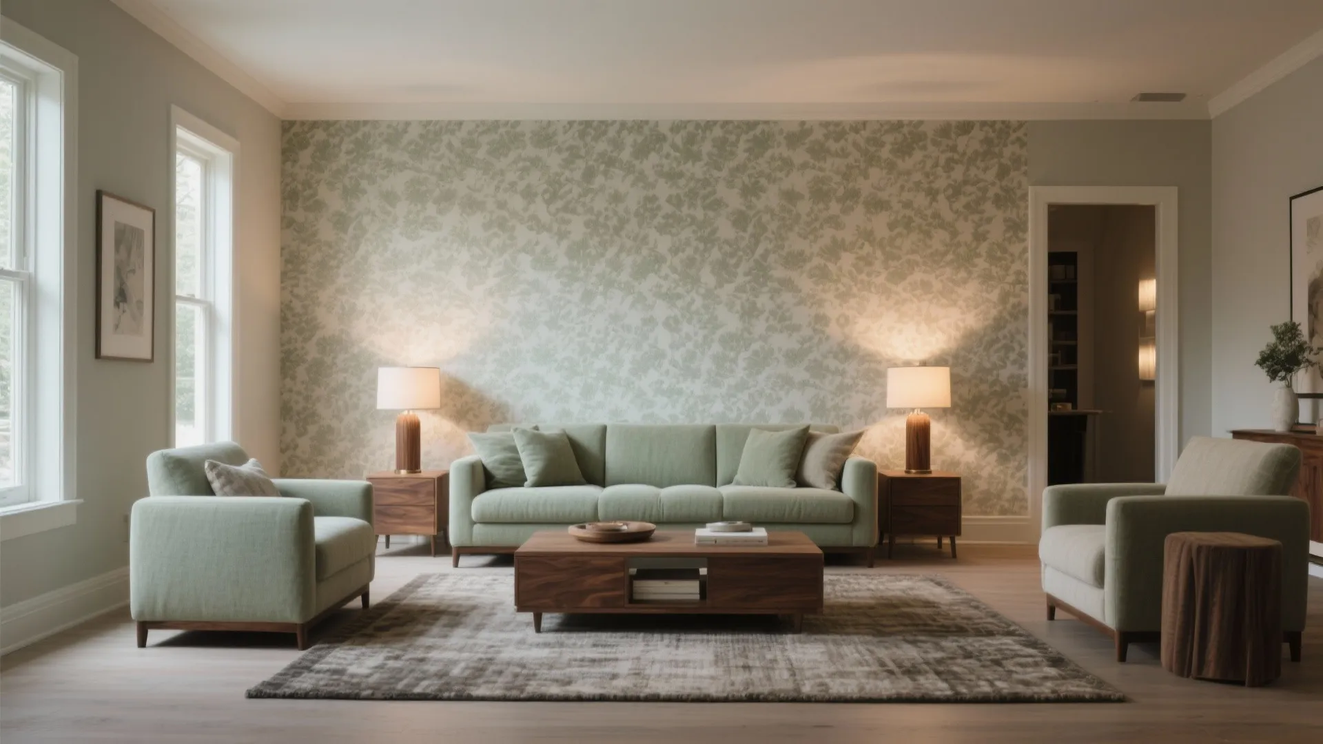 Modern living room with green sofa armchair wooden coffee table pattern wallpaper and warm table light