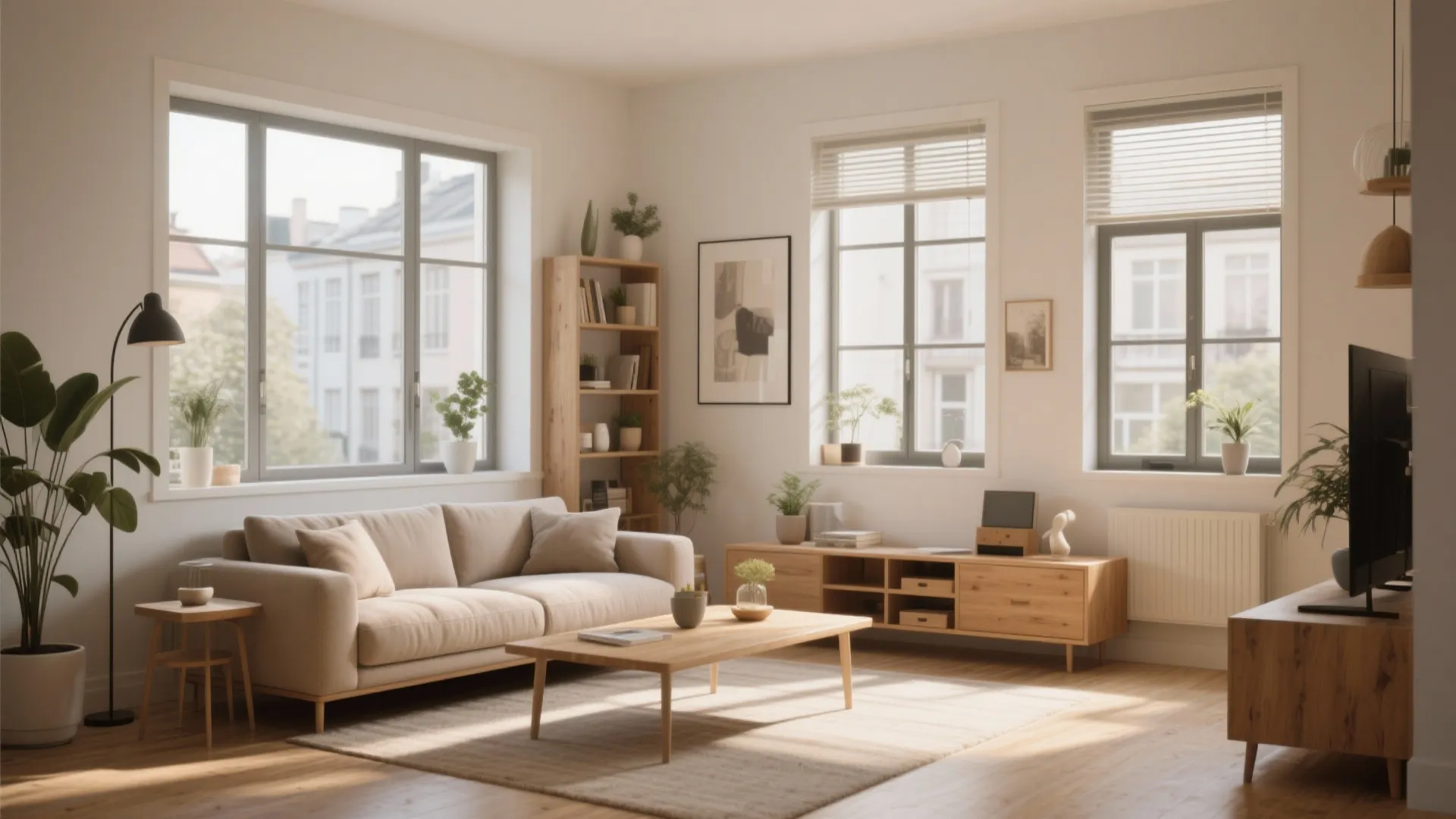 Bright living room with three large windows beige sofa wooden coffee table and light flooring