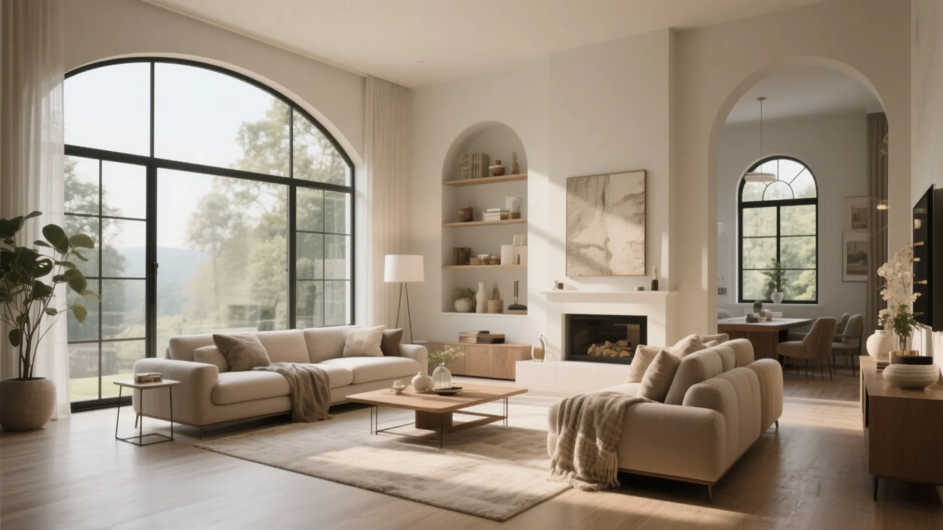 Modern warm living room with arched windows cream sofas wooden coffee table and a cozy fireplace