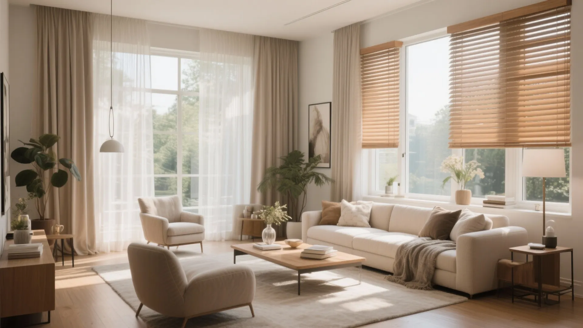 Bright living room with white sofa and wooden window blinds alongside soft white window curtain