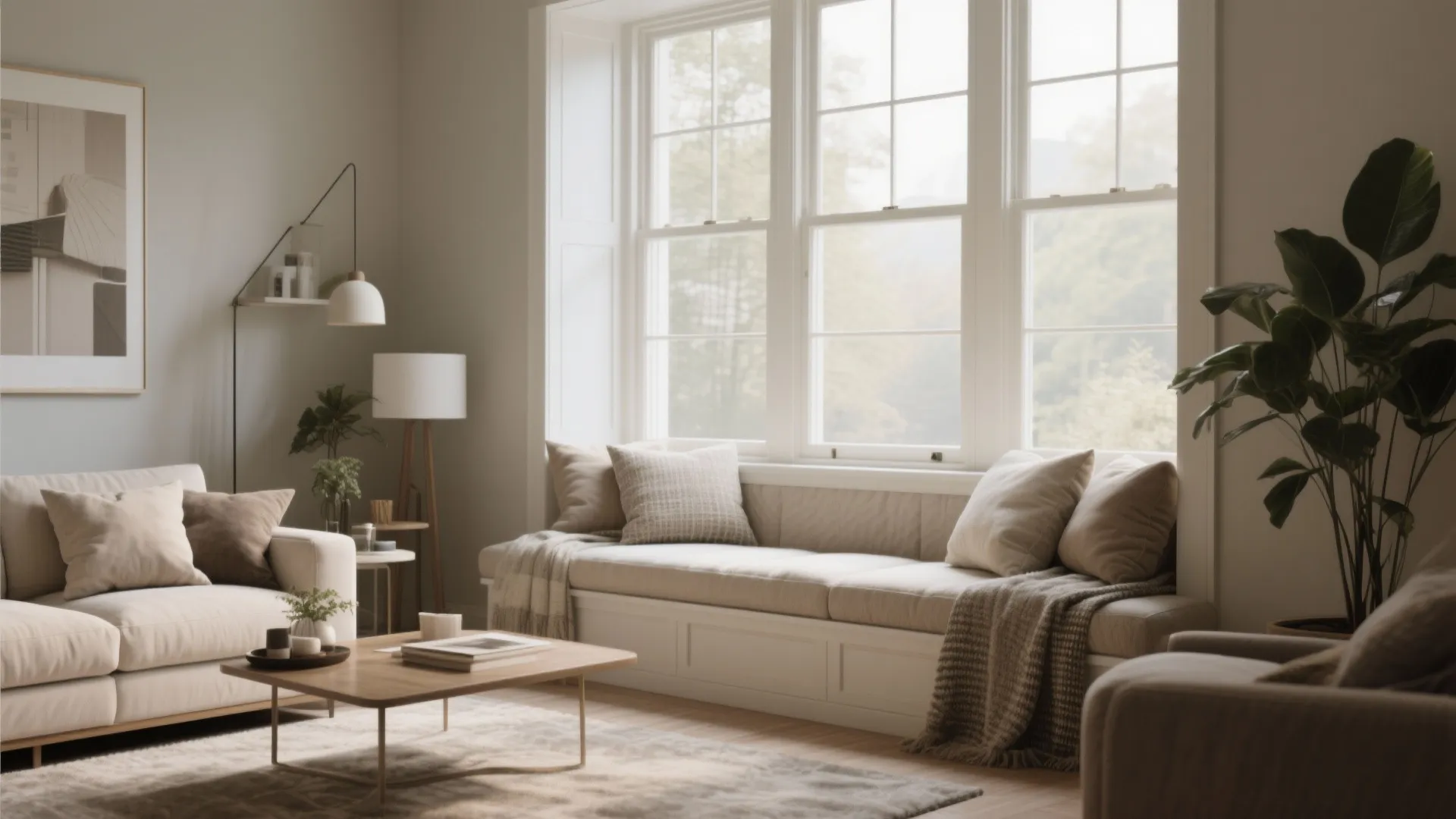 Beige window seat with soft pillows and blanket next to sofa coffee table and plant