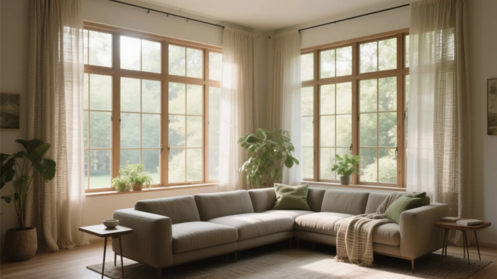 Bright living room with large wooden windows, beige sectional sofa, green plants, and natural light