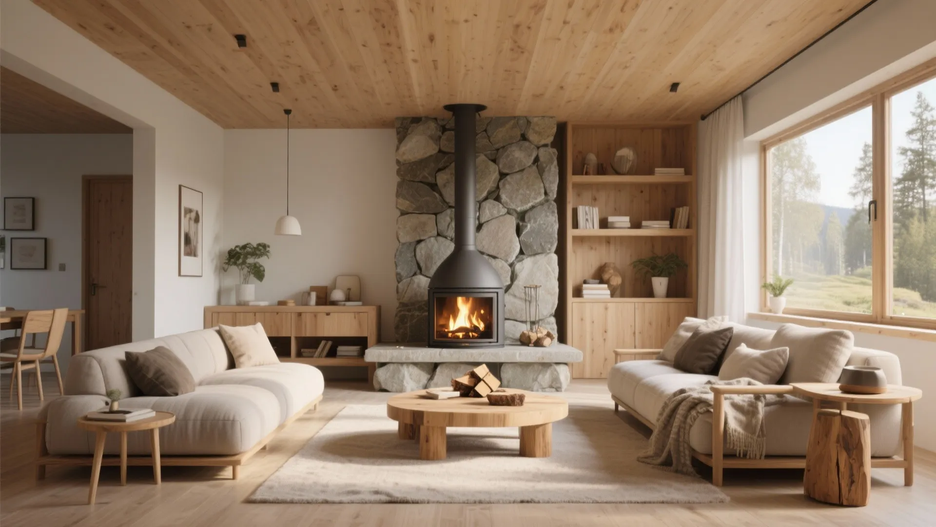 Modern living room with stone fireplace burning fire two beige sofas and light wood ceiling