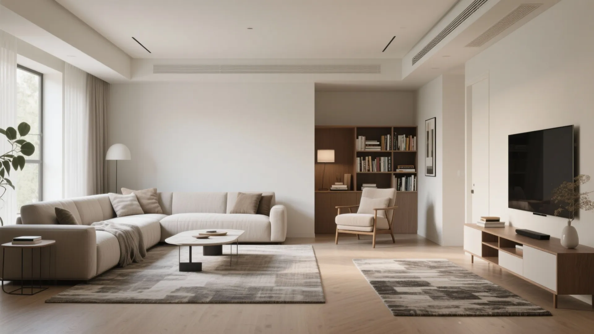 Modern cream living room with corner sofa wooden tv stand book shelf and large patterned rug