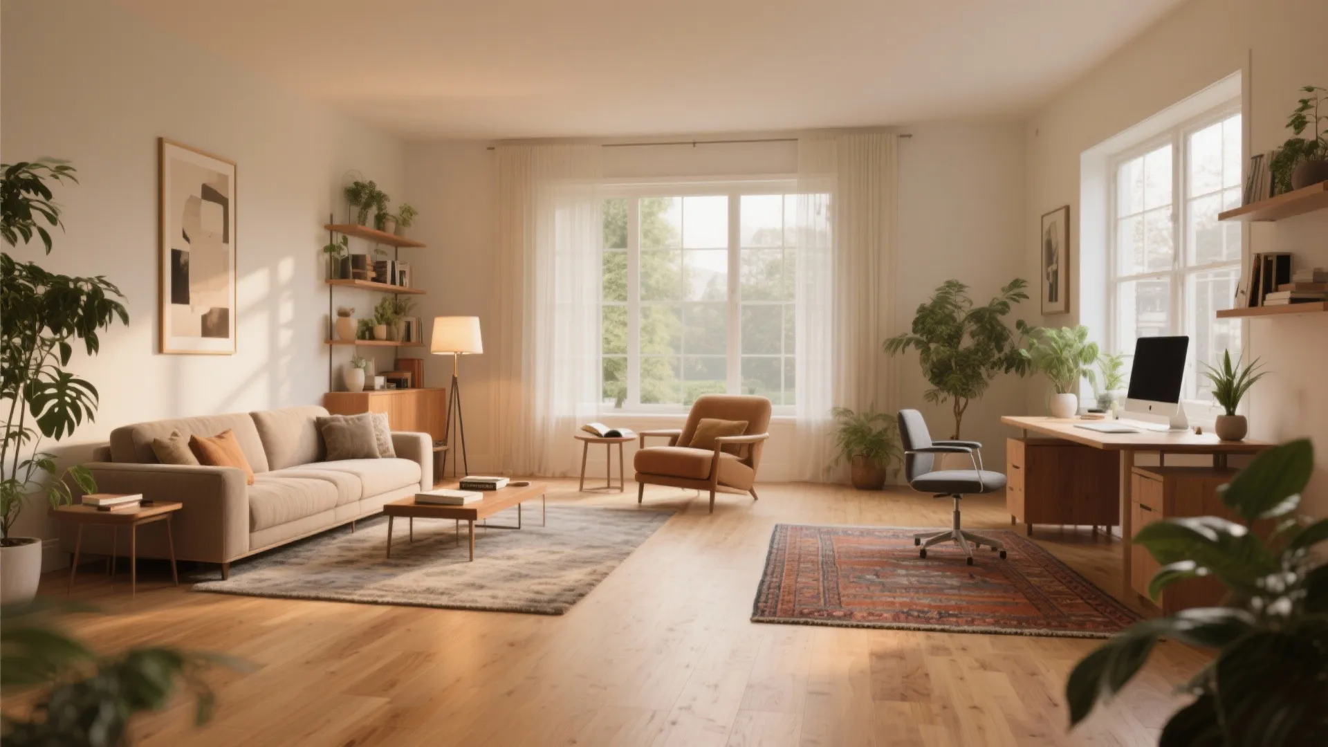 Open plan living area with sofa lounge chair wooden desk indoor plants and natural light