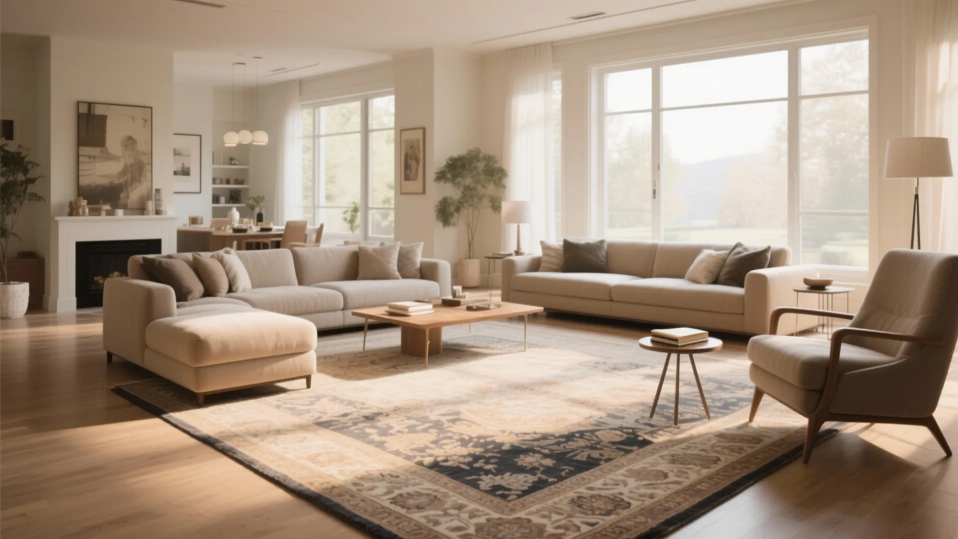 Large open living room with beige sofas big windows patterned rug and a back dining area