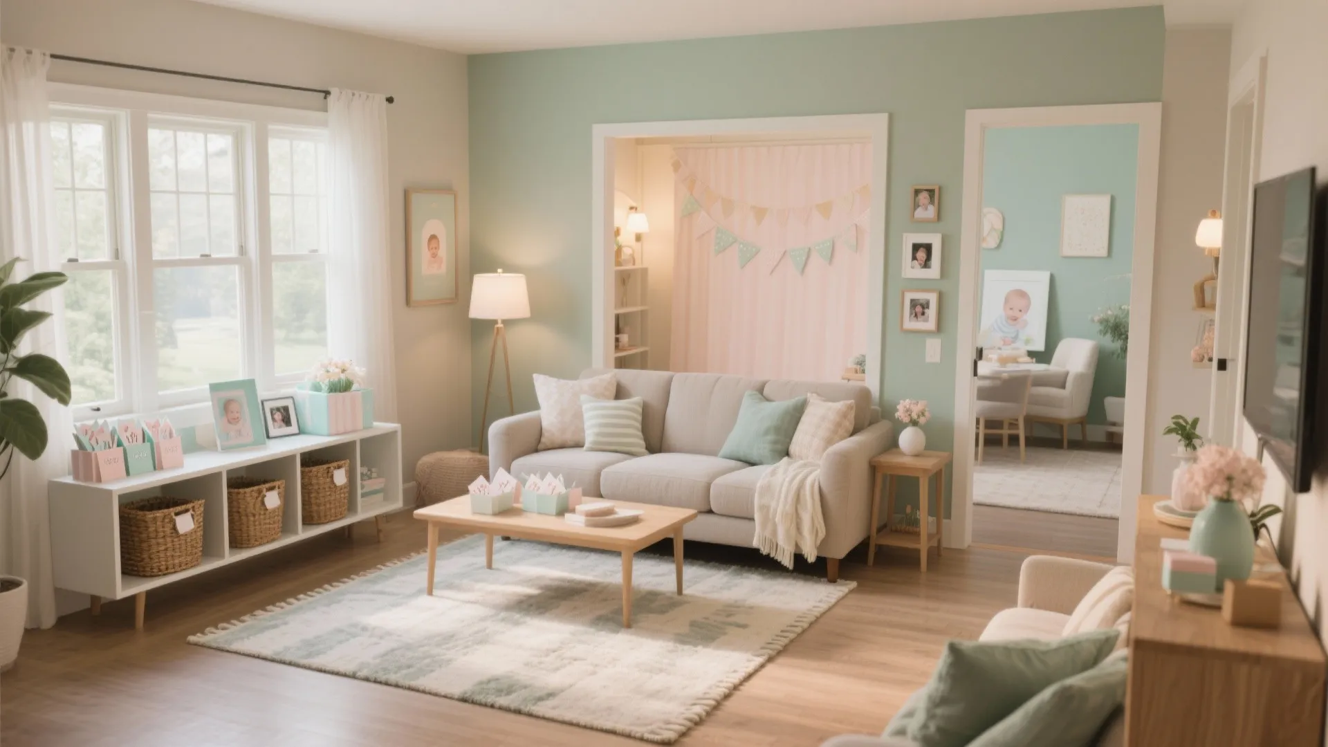 Living room zones: mingle, gifts, and photo corner