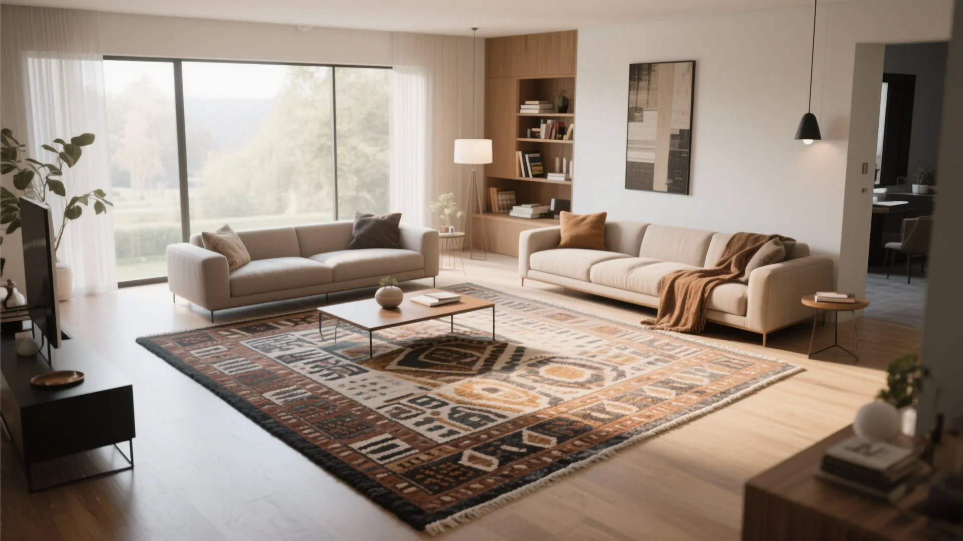 Open living room with large patterned rug two sofas wood floor bookshelf and bright window