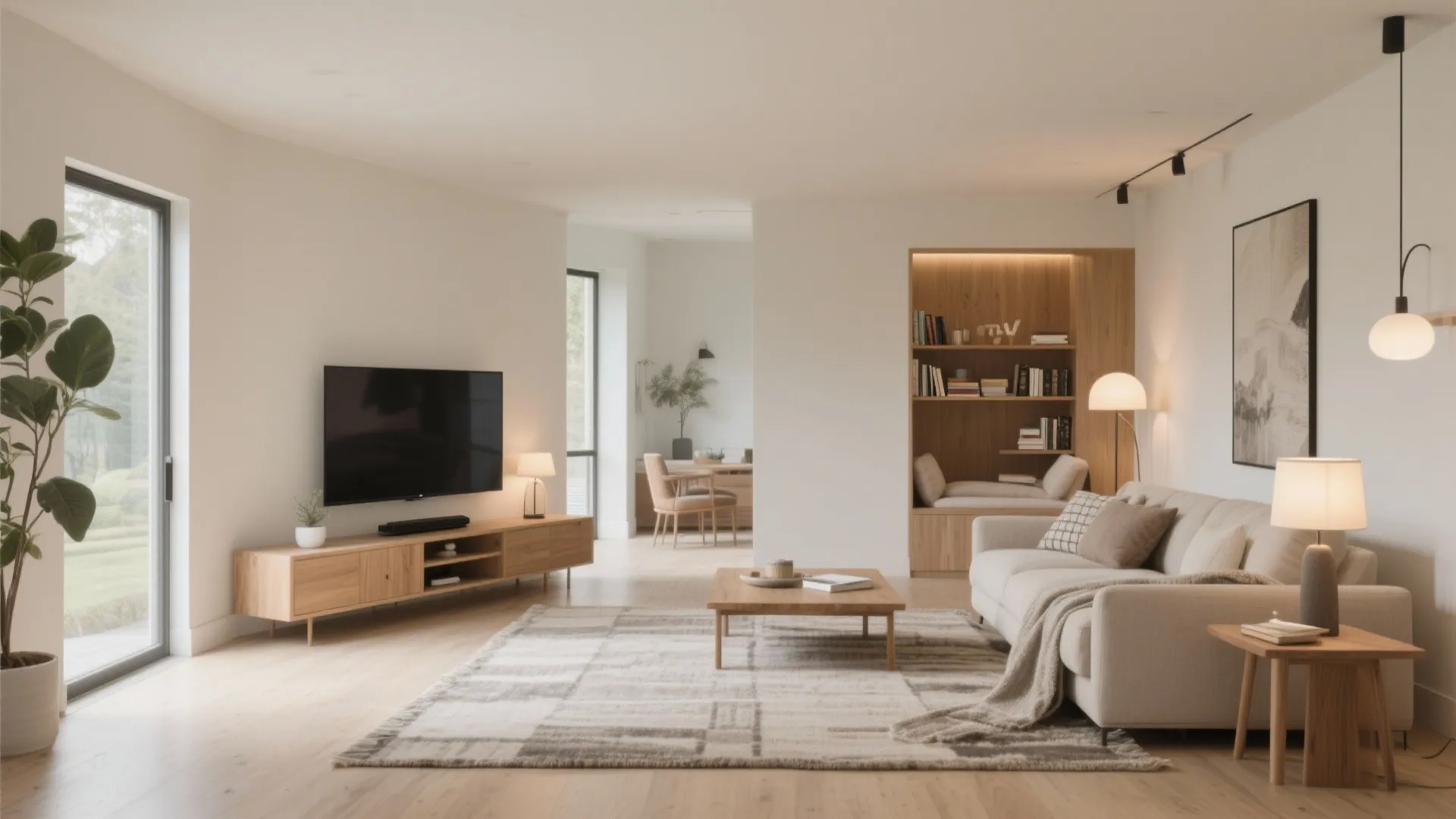 Modern open living room with cream sofa checkered rug wooden tv stand and warm light fixtures