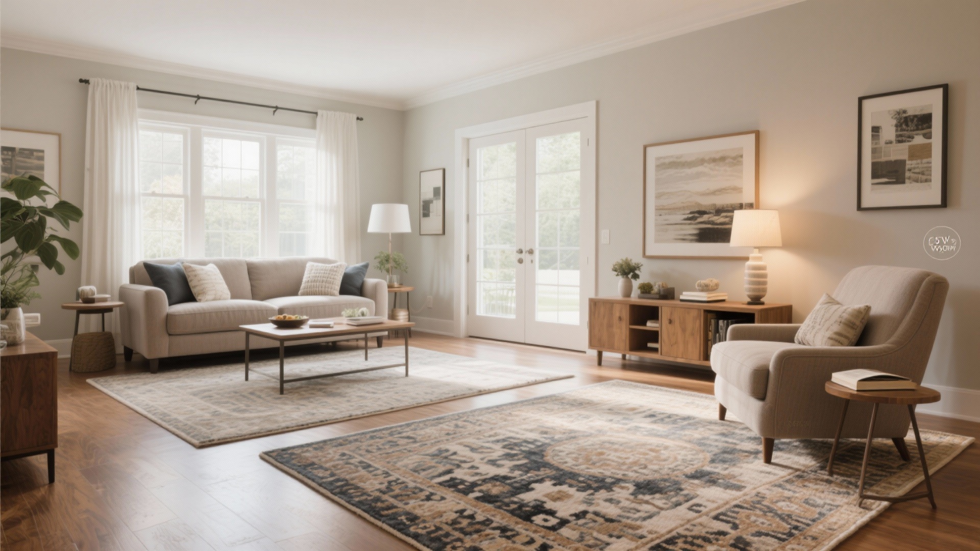 Living room zoning with a large area rug defining the main seating area