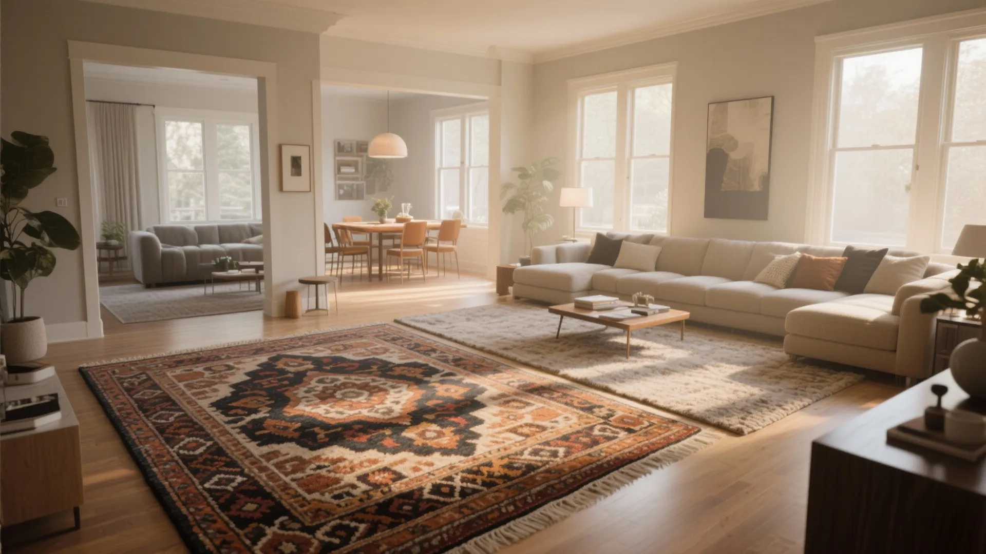 Spacious open living room with a patterned rug beige sofa and a separate dining area