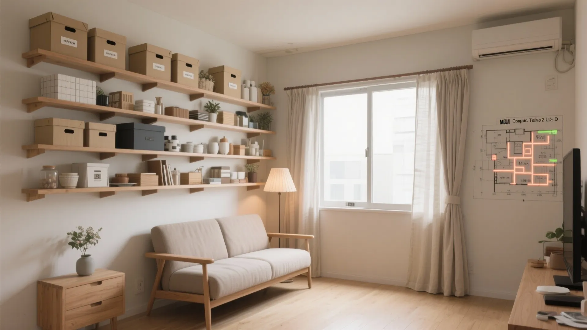 Tips 1: リビングは“壁面”を主役にして収納量を稼ぐ（東京小戸型・日式風格）